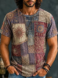 Men's Hippie Patchwork Squares With Sun And Star Print Crew Neck Short Sleeve T-Shirt