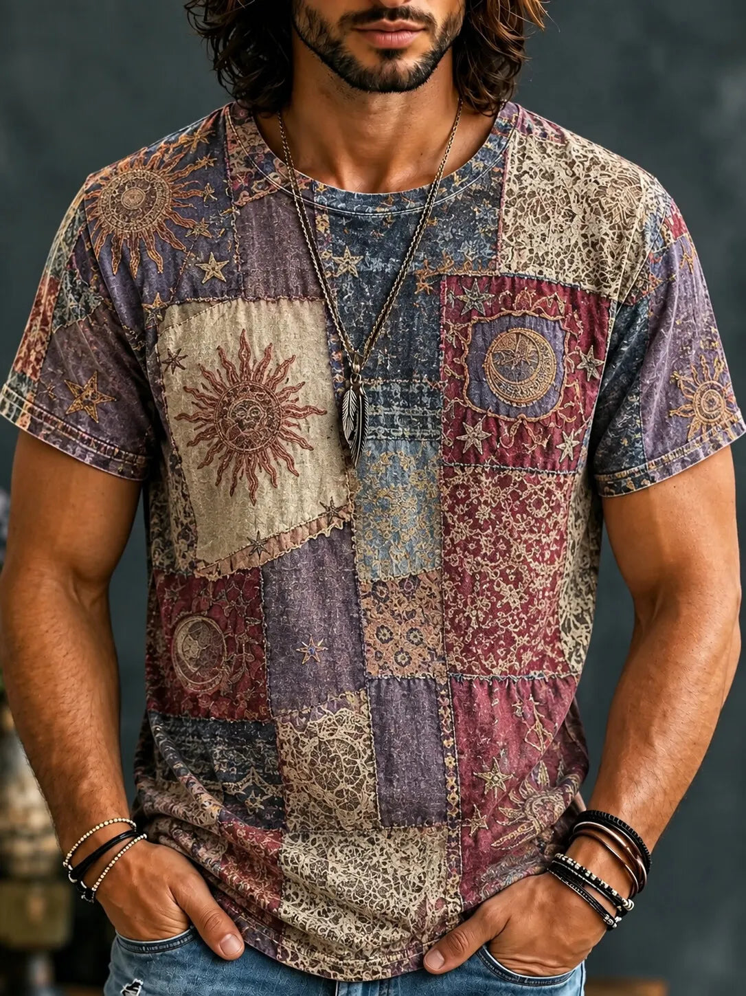Men's Hippie Patchwork Squares With Sun And Star Print Crew Neck Short Sleeve T-Shirt