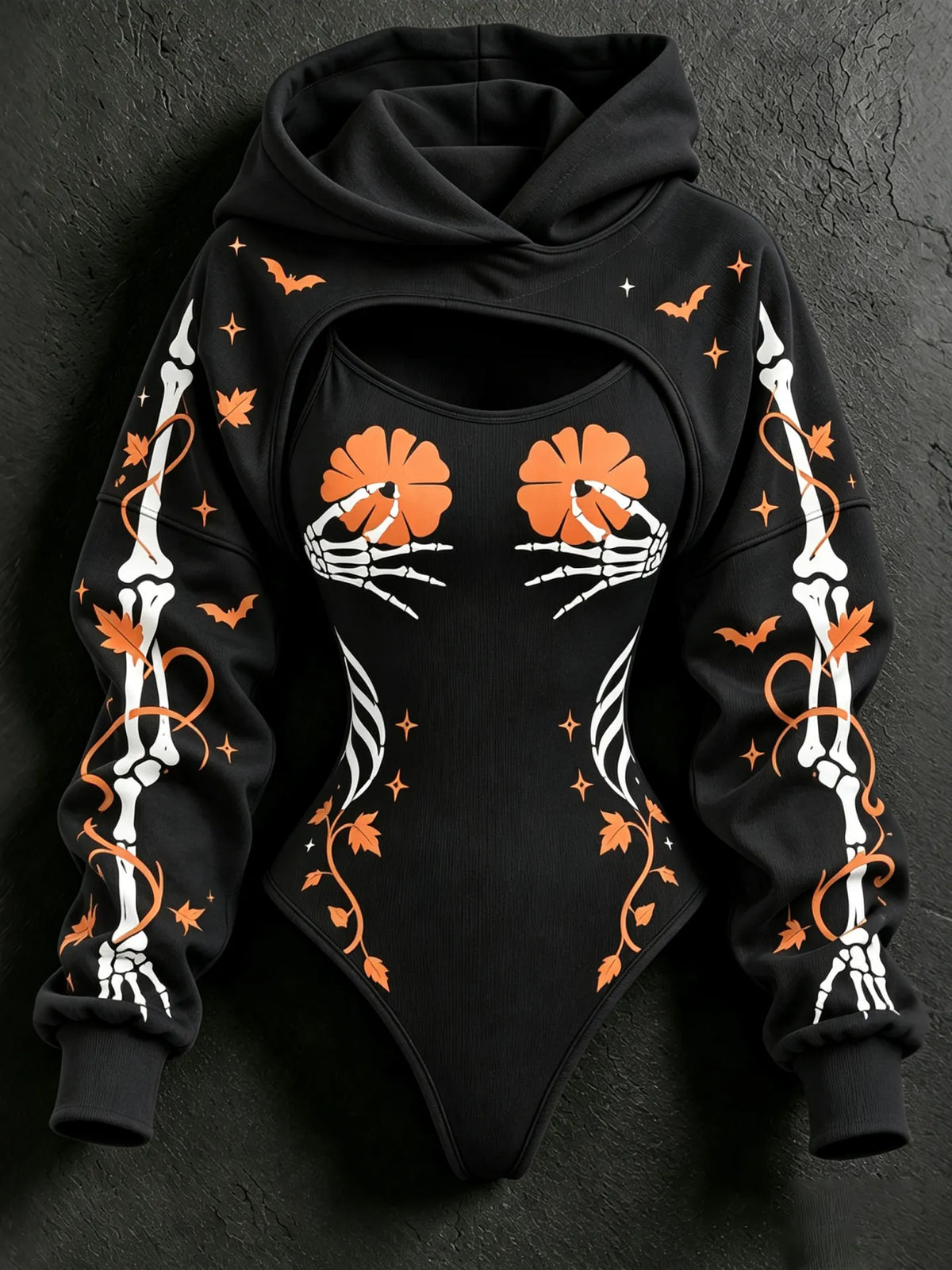 Women's Retro Halloween Pumpkin & Skeleton Hand Print Casual Two-piece Set