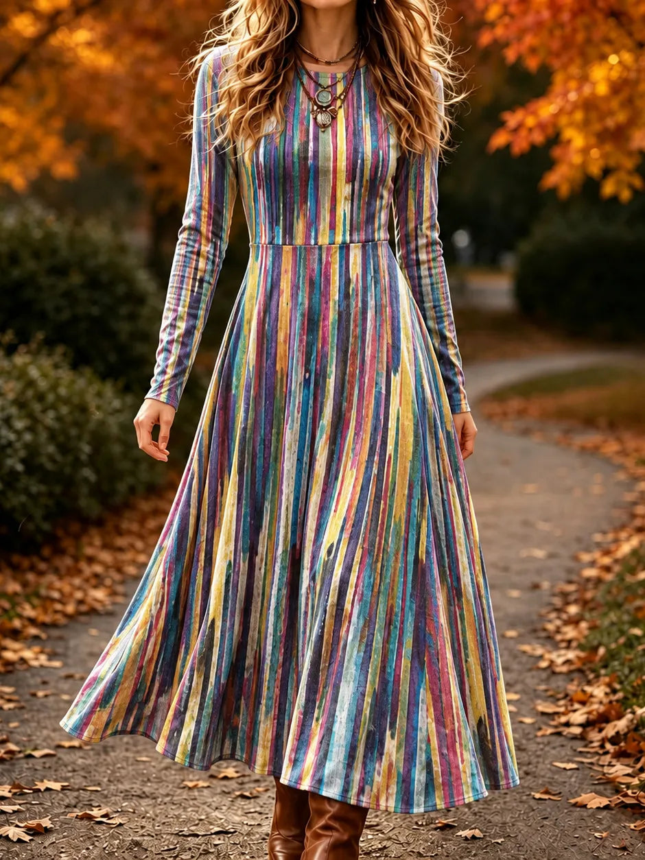 Women's Retro Abstract Stripes Print Crew Neck Long Sleeve Maxi Dress