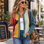 Women's Playful Black Cat Colorblock Design Relaxed Fit Button Front Knit Cardigan Sweater