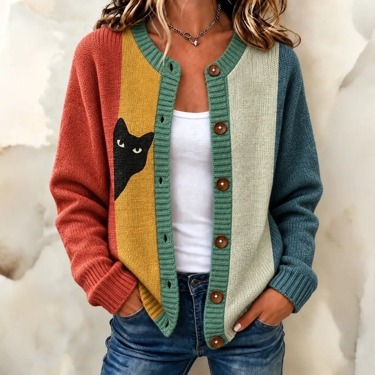 Women's Playful Black Cat Colorblock Design Relaxed Fit Button Front Knit Cardigan Sweater