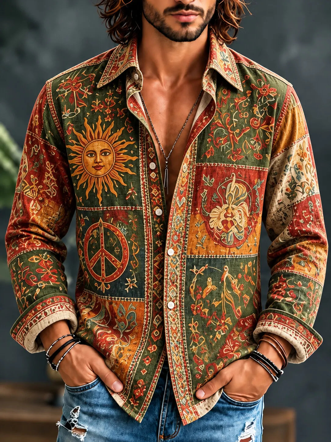 Men's Hippie Diversified Elements Patchwork Print Long Sleeve Shirt