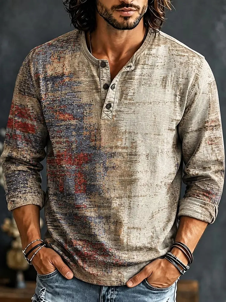 Men's Abstract Distressed Vintage Print Henry Collar Long Sleeve T-Shirt