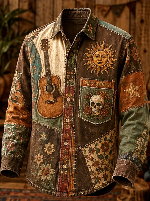 Men's Hippie Acoustic Guitar Smiling Sun Face Rose Skull Print Long Sleeve Pocket Shirt