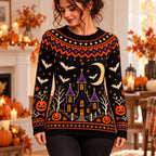 Women's Halloween Spooky Castle And Bats Knit Sweater