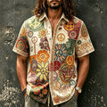 Men's Boho Hippie Peace Symbol Print Short Sleeve Buttons Shirt
