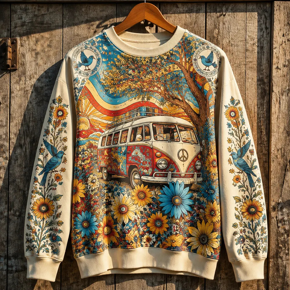 Women's Retro Bohemian Hippie Pattern Crew Neck Sweatshirt - Peace Van And Colorful Floral Art Pullover