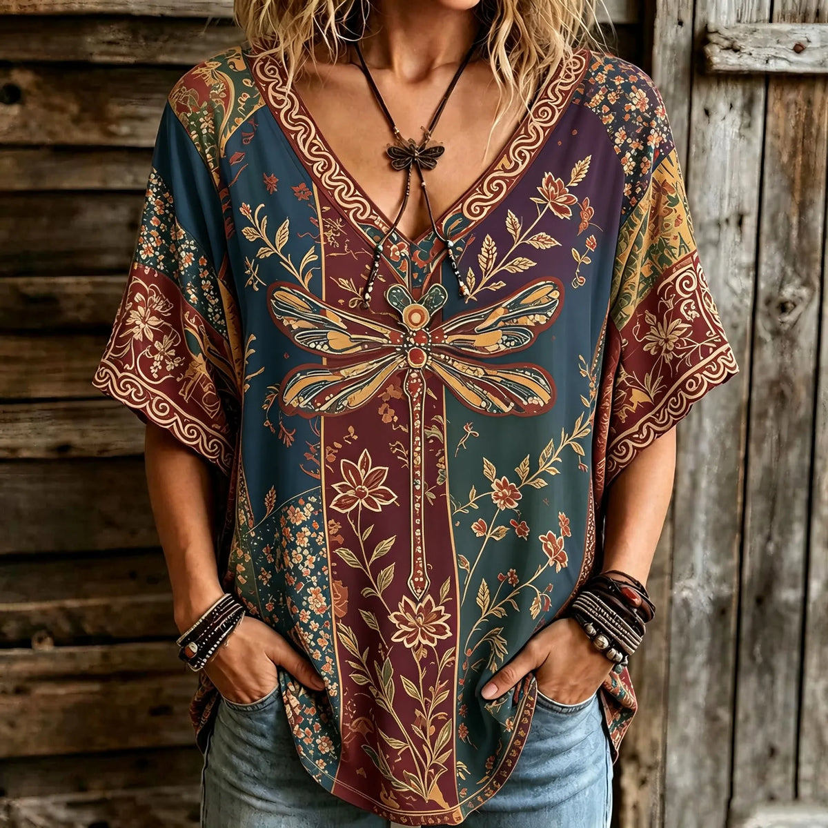 Women's Retro Bohemian Hippie Style Dragonfly And Floral Embroidered V-neck Top