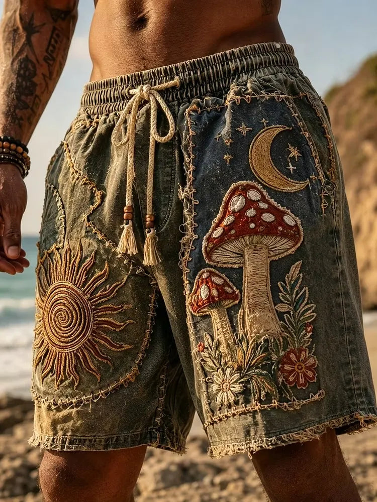 Men's Hippie Spiral Sun Icon Mushrooms Print Drawstring Shorts
