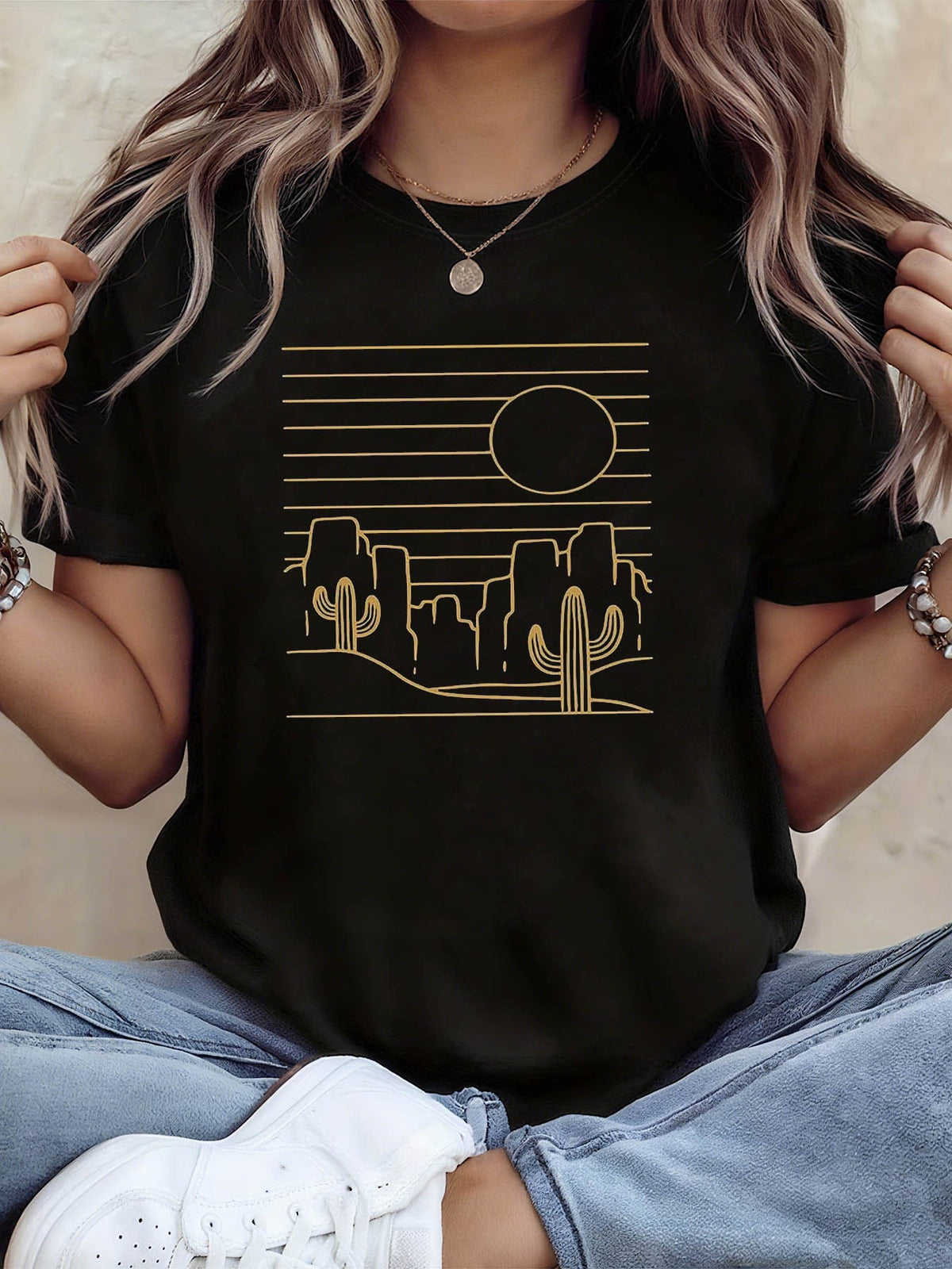 Desert Sunset Cactus Printed T-Shirt