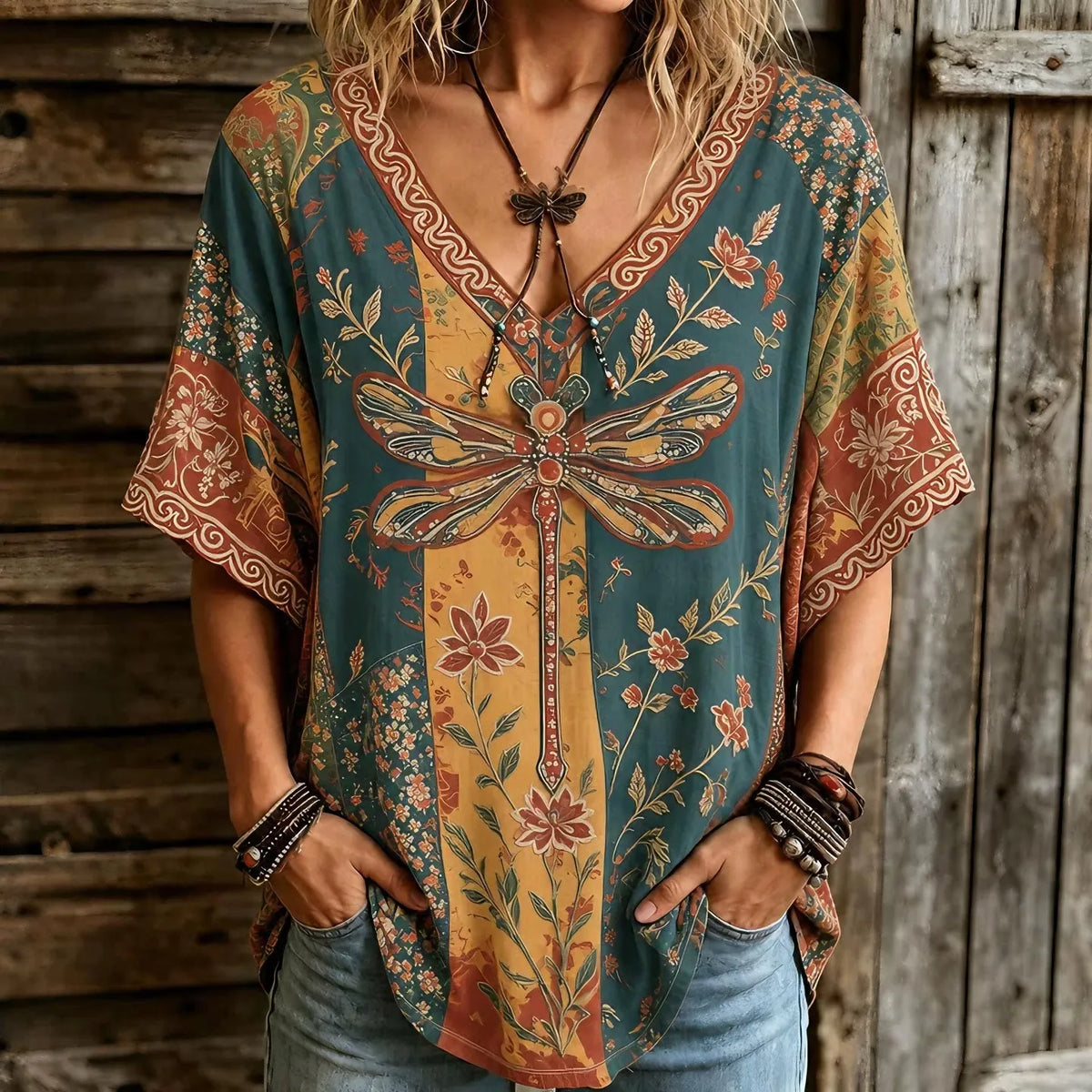Women's Retro Bohemian Hippie Style Dragonfly And Floral Embroidered V-neck Top