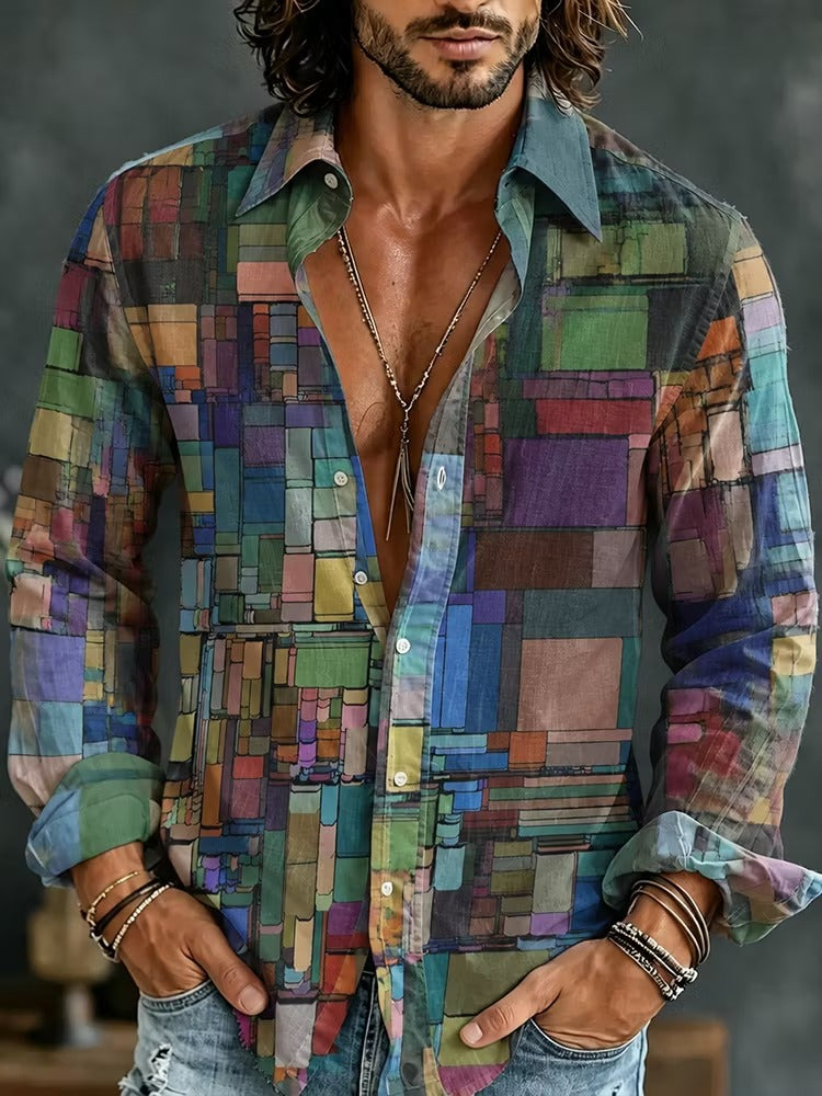 Men's Colorful Mosaic Geometric Colorblock Print Long Sleeve Shirt