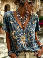 Vintage Hippie Washed Denim Blue Peace Sign Star Women Short Sleeve T-shirt