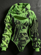 Women's Halloween Skull And Pumpkin Print Hoodie Two-piece Set