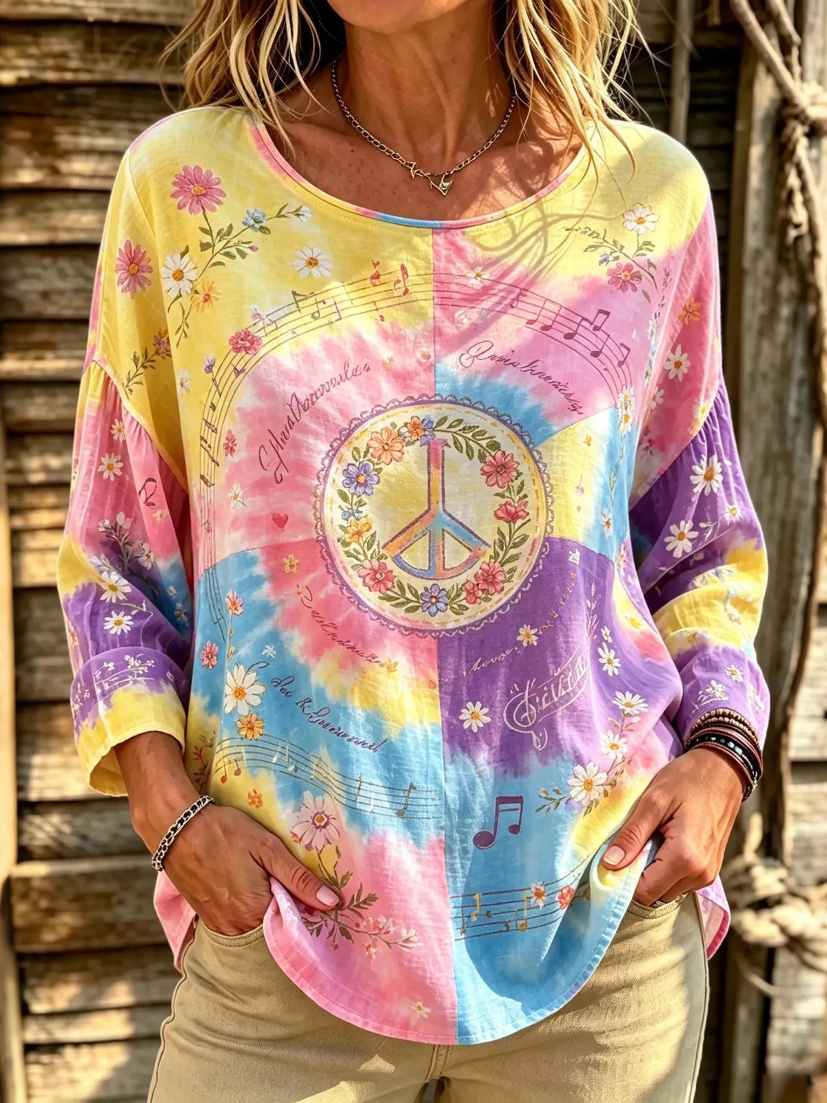 Women's Retro Hippie Tie Dye Peace Floral Print Long Sleeve T-shirt