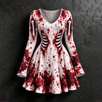 Women's Halloween Bloodstain Skull Print V-neck Midi Dress