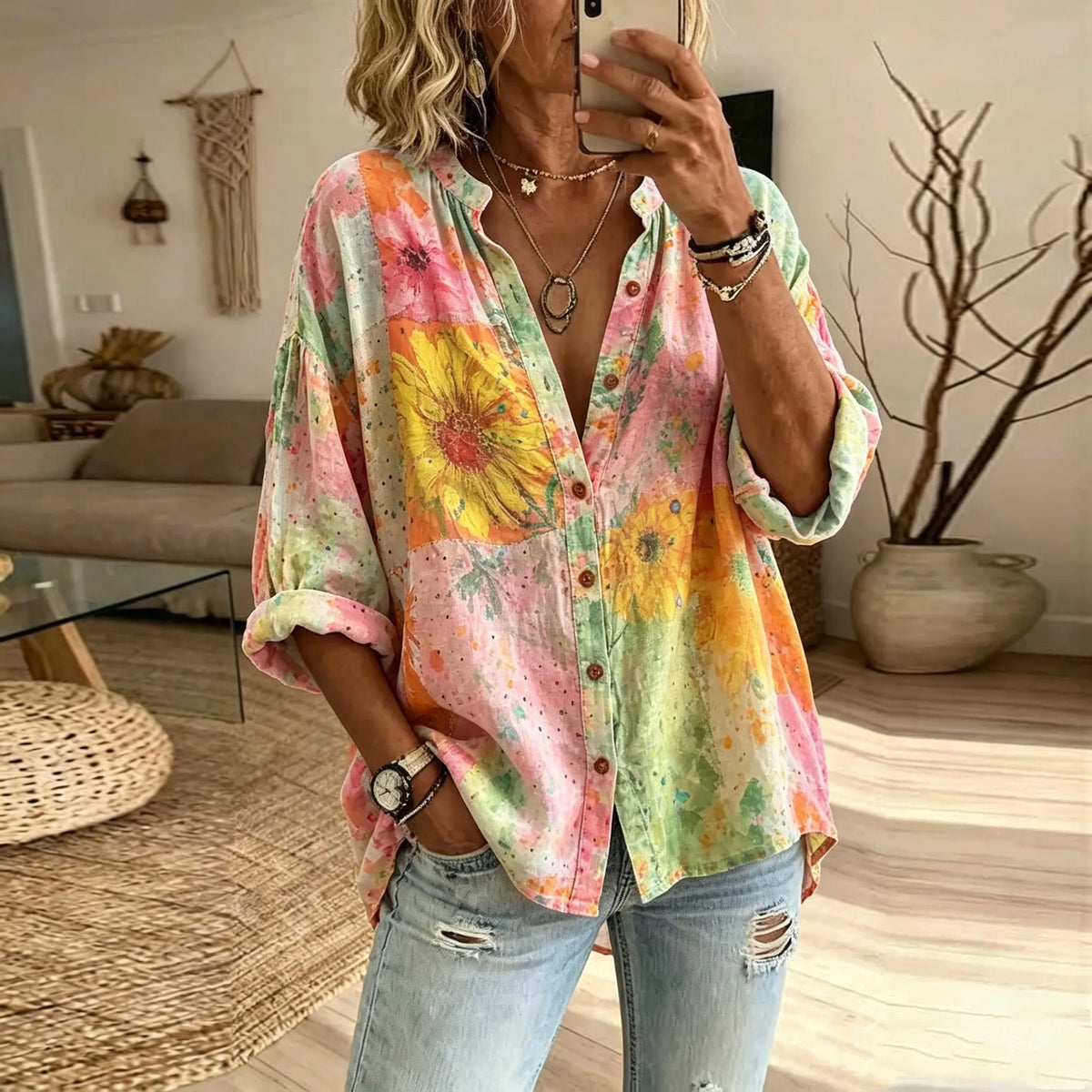 Women's Retro Bohemian Floral Art Long-sleeved Shirt