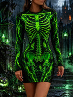 Women's Gothic Halloween Skeleton Flame Lightning Ghost Print Bodycon Dress