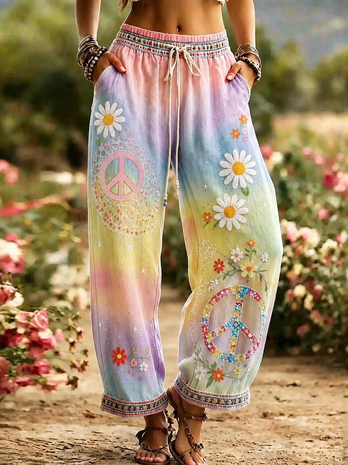 Women's Hippie Vintage Hippie Floral Art Linen Casual Pants