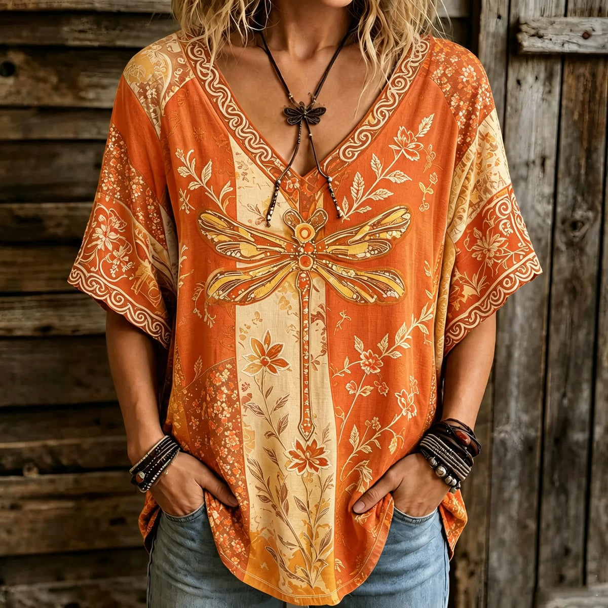 Women's Retro Bohemian Hippie Style Dragonfly And Floral Embroidered V-neck Top