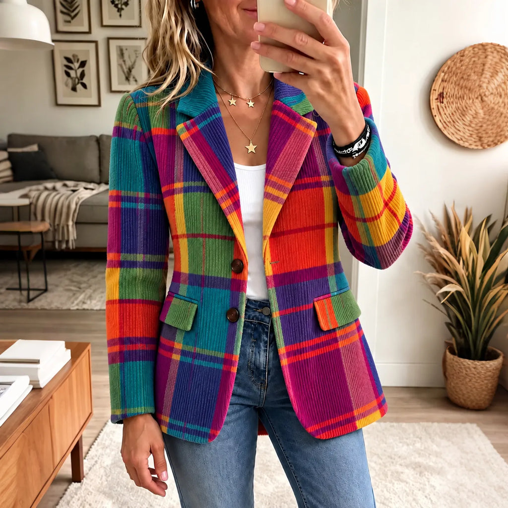 Women's Retro Multi-color Plaid Print Casual Corduroy Blazer