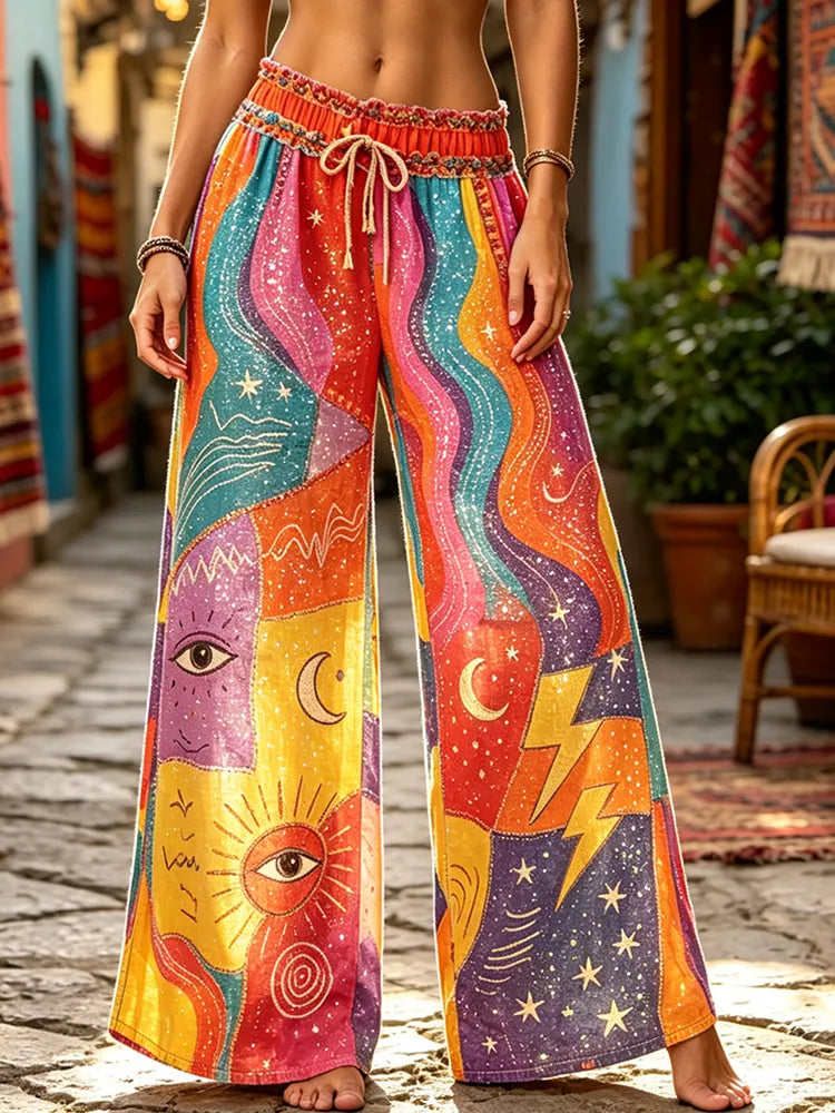 Women's Celestial Sun, Moon, & Star Print Wide-leg Pants