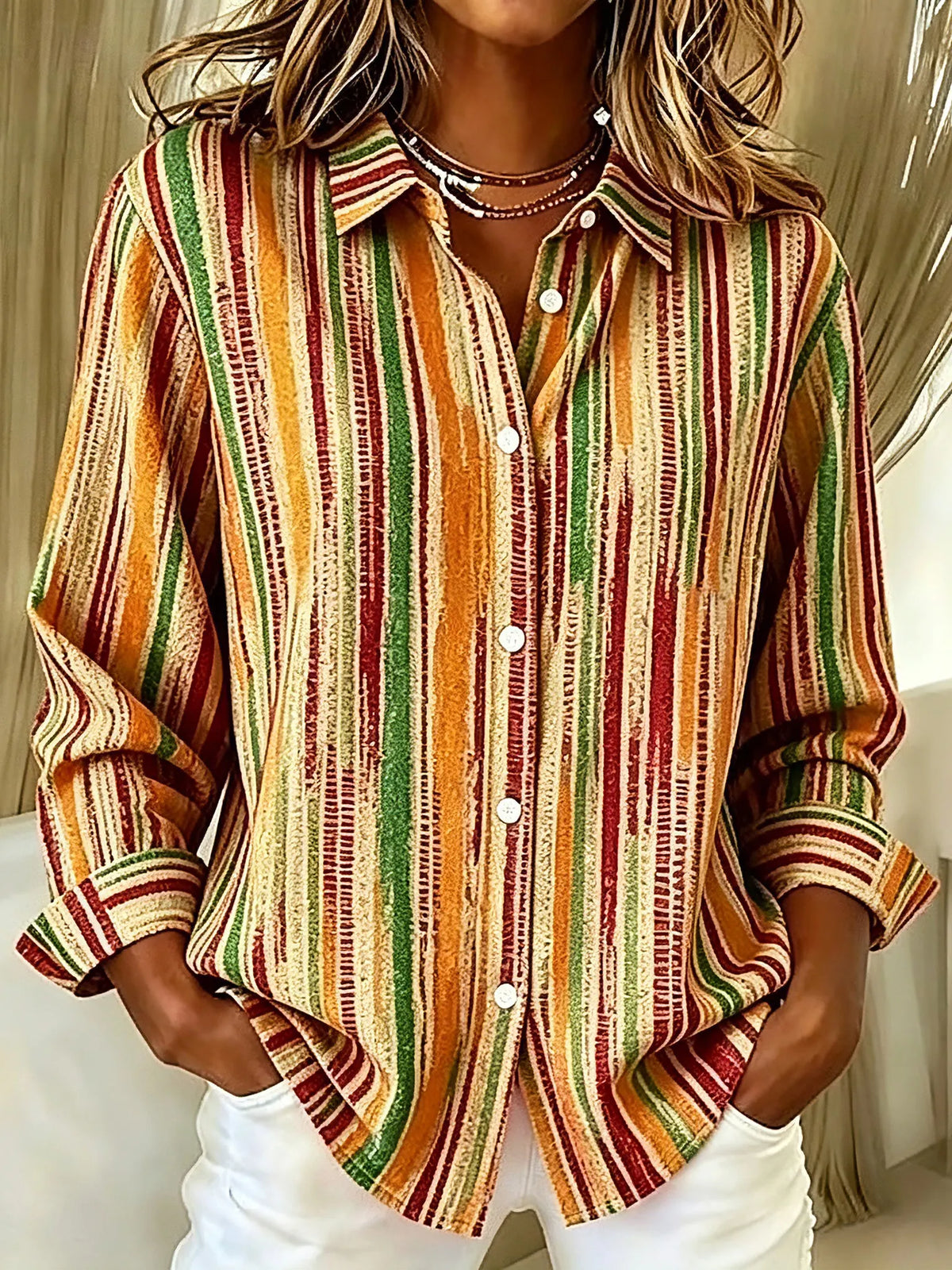 Women's Retro Colorful Abstract Striped Print Casual Long-sleeve Shirt
