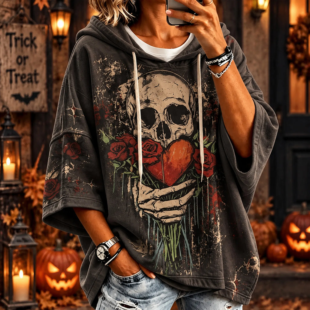 Vintage Distressed Gothic Skull Rose Heart Hand Hoodie