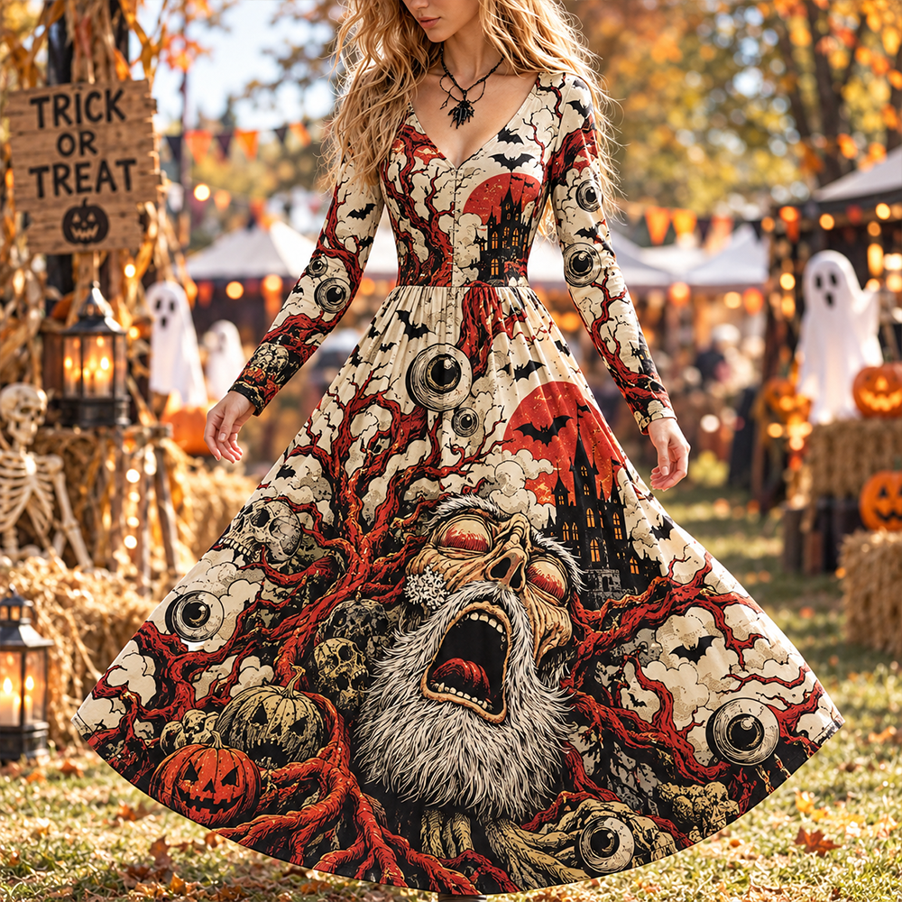 Women's Gothic Halloween Screaming Face, Eyeballs, Castle And Pumpkins Long Sleeve Midi Dress