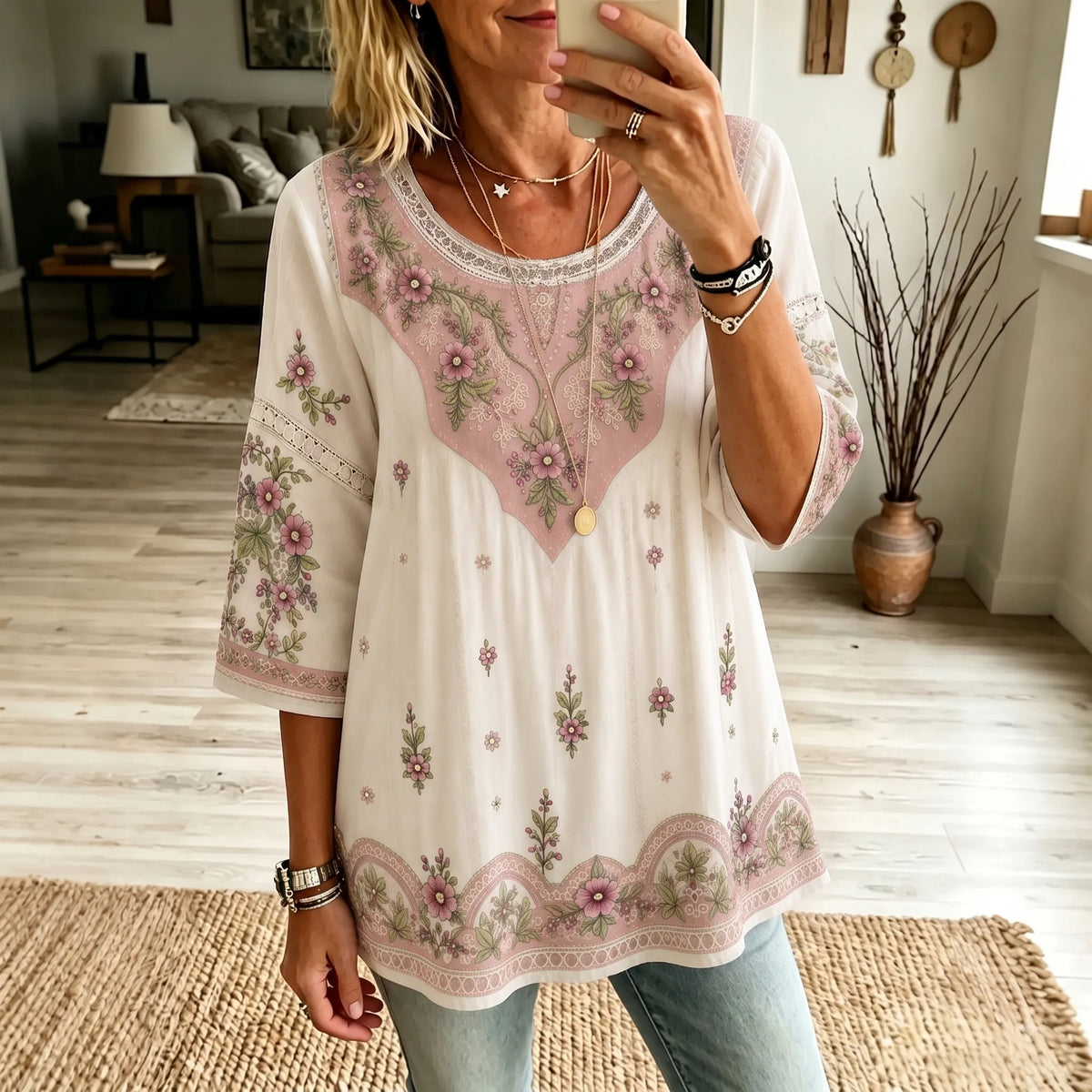 Women's Vintage Boho Floral Art Crew Neck Linen Blend T-shirt