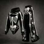 Women's Retro Halloween Skeleton Rose Print Hoodie Three-piece Set