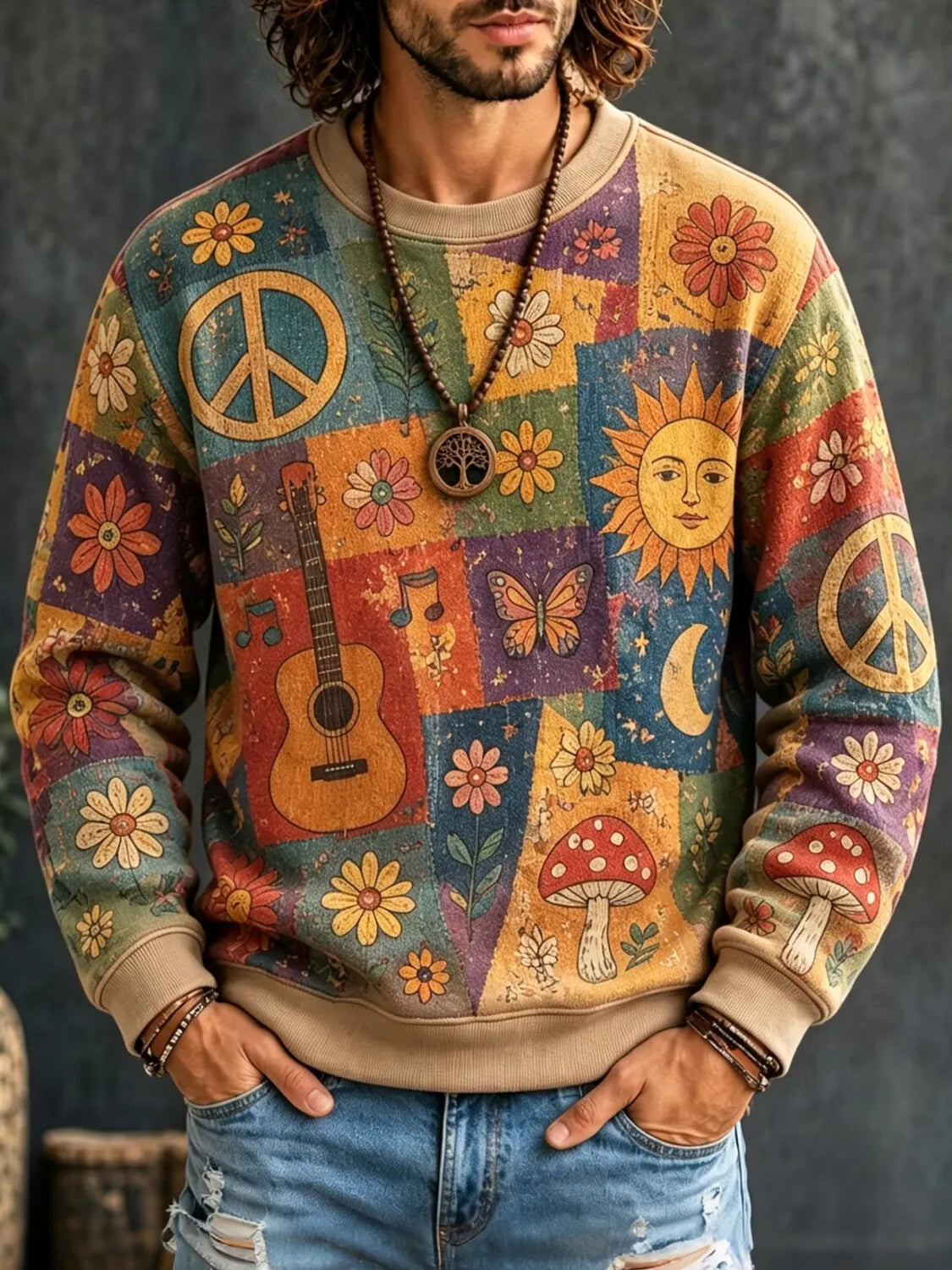 Men's 70s Groovy Bohemian Art Sun Face Psychedelic Floral Patchwork Print Crew Neck Sweatshirt