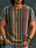 Men's Ethnic Style Vertical Strips Print Crew Neck Short Sleeve T-Shirt