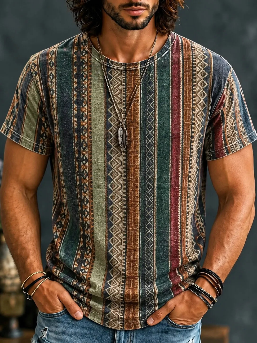 Men's Ethnic Style Vertical Strips Print Crew Neck Short Sleeve T-Shirt
