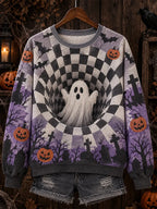 Women's Halloween 3d Ghost Checkered Crewneck Sweatshirt