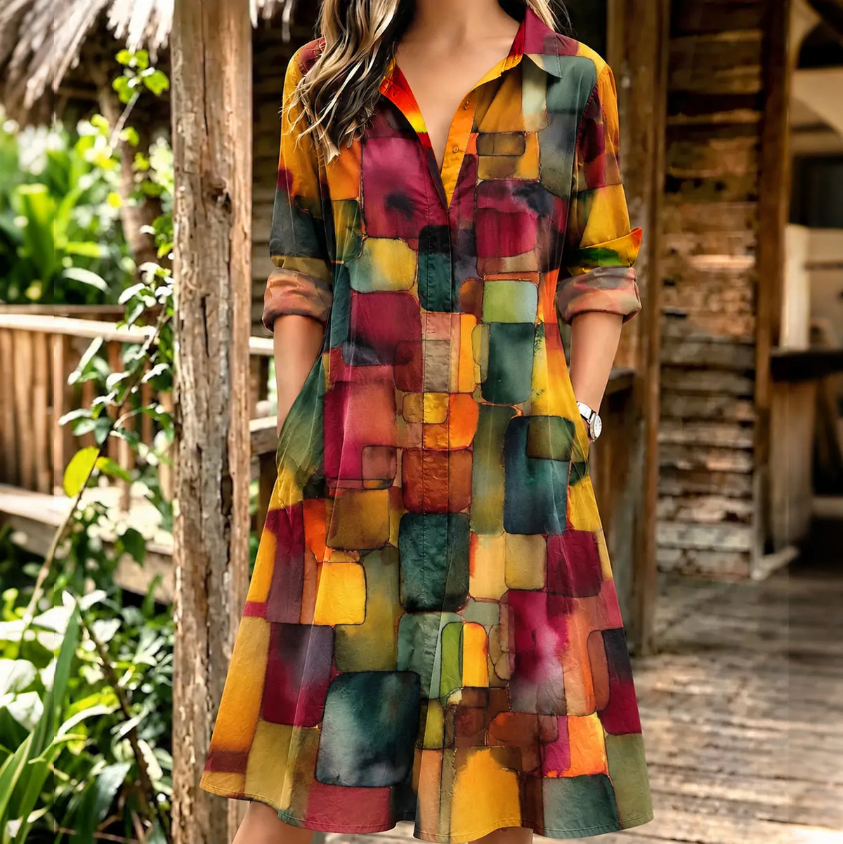 Women's Retro Geometric Art Print Long Sleeve Midi Shirt Dress