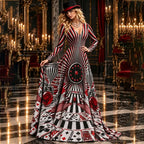 Women's Gothic Halloween Casino Element Poker Stripe Print Long-sleeve Dress