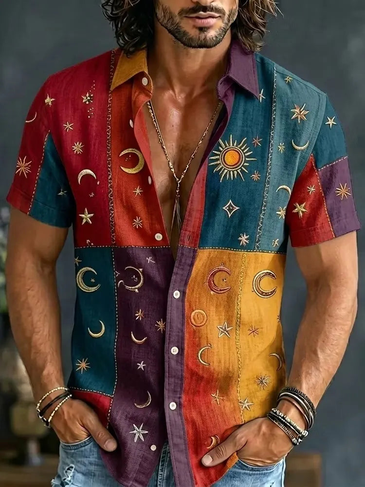 Men's Bohemian Sky Symbols Patchwork Print Short Sleeve Buttons Shirt