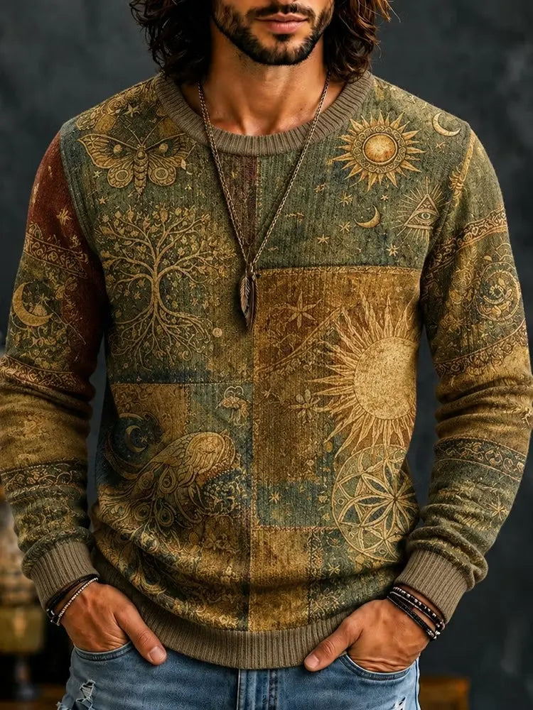 Men's Boho Sun Moon Owl And Geometric Eye Elements Print Round Neck Sweater