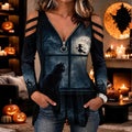 Women's Halloween The Witch And The Black Cat Print Drop-shoulder T-shirt