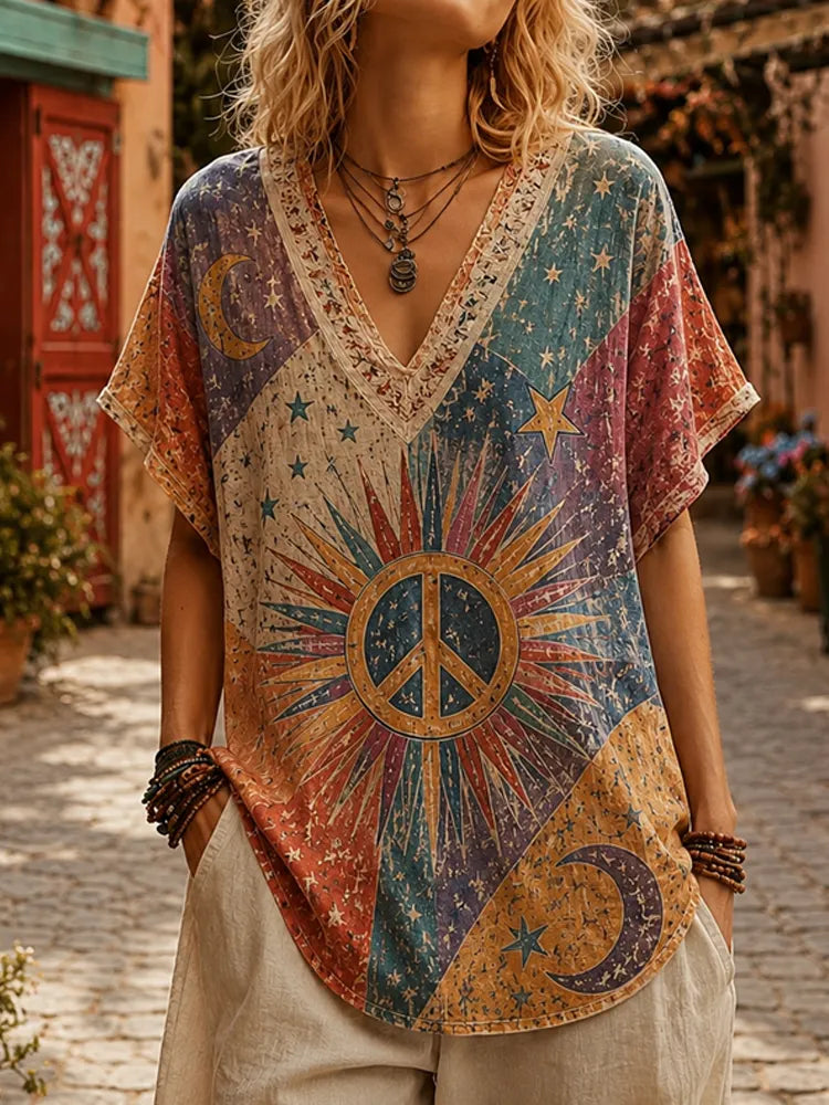 Women's Vintage Boho Sun, Moon & Peace Sign V-neck Short-sleeve Tee