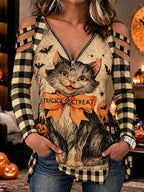 "trick Or Treat" Halloween Cat & Plaid Print Drop-shoulder T-shirt