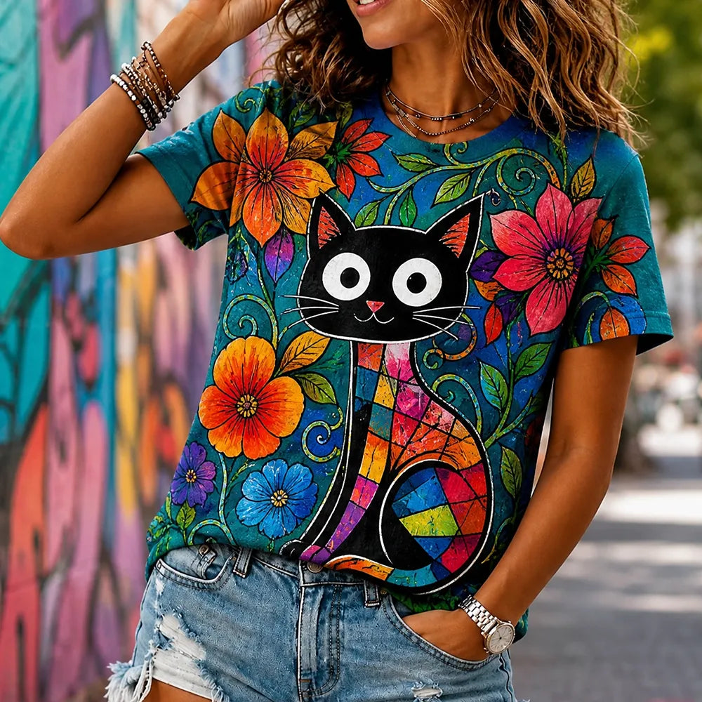 Women's Hippie-style Floral Cat Print Short-sleeve Crew Neck Top
