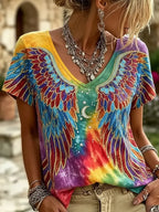 Women’s Vibrant Tie-dye Graphic Tee – Celestial Moon & Wing Design