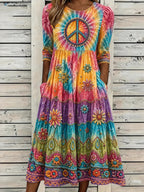 Women's Vintage Hippie Floral Embroidered Art Linen Blend Dress