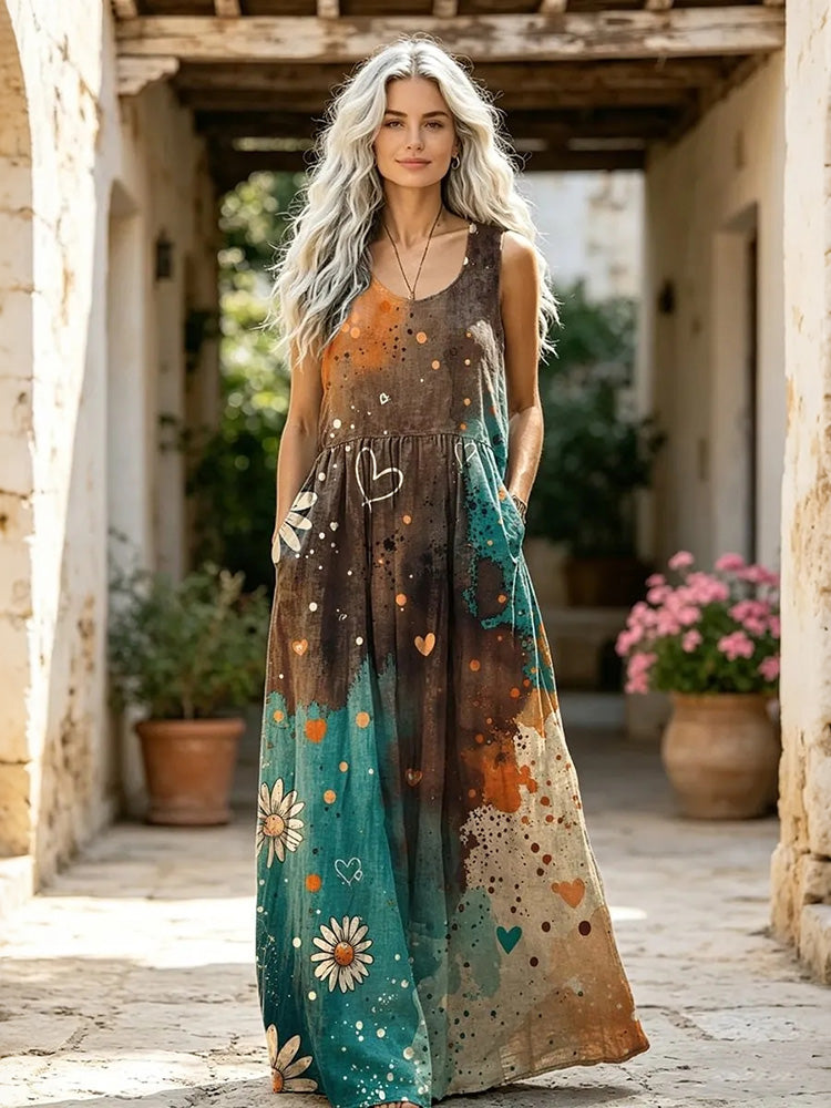 Women's Tie-dye Heart And Daisy Print Round Neck Dress