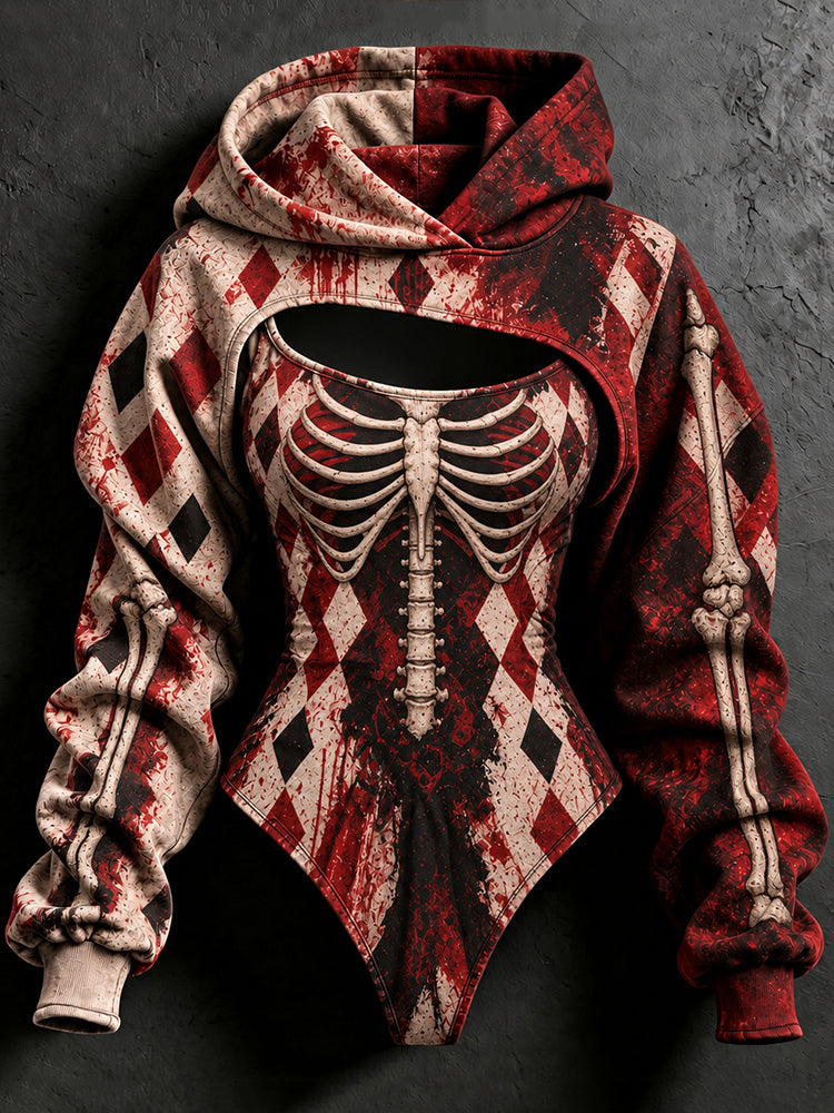 Women's Halloween Bloody Skull Diamond Pattern Print Hoodie Two Piece Set