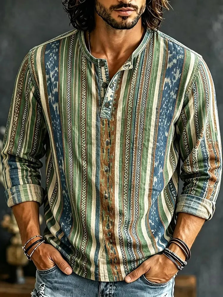 Men's Vintage Boho Ethnic Stripe Print Henry Collar Long Sleeve T-Shirt