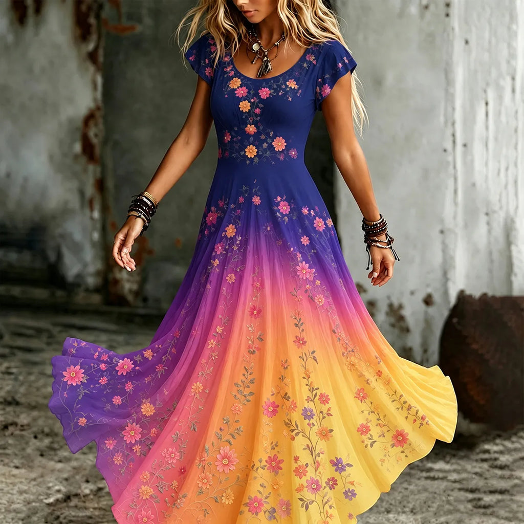 Women's Ethnic Floral Gradient Pattern Comfortable Round Neck Dress